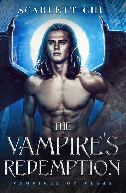 A long haired blond man with wings in front of a blue background and moon, paranormal romance