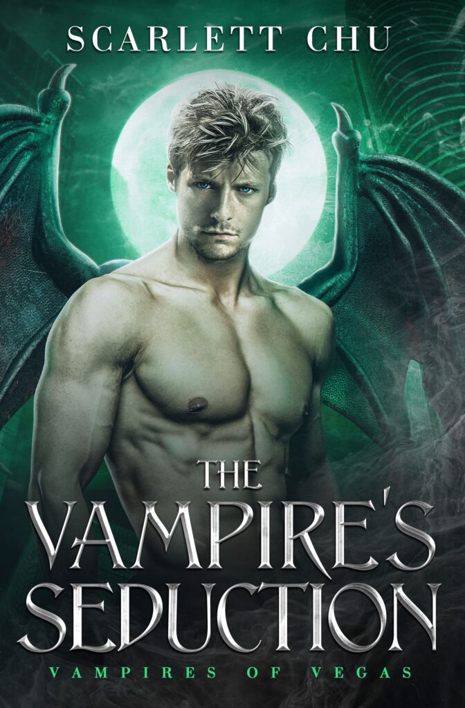 Book cover of the Vampire's Seduction, half naked blond haired man with wings set in a green background